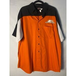 Harley Davidson Screamin Eagle Orange Black Button Up Short Sleeve Shirt Size XL